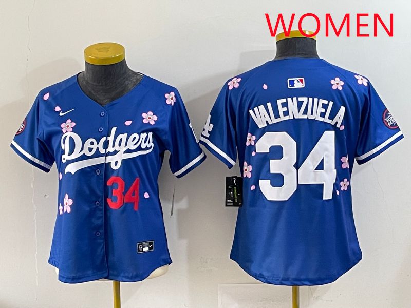 Women Los Angeles Dodgers #34 Valenzuela Blue Sakura Edition 2025 Nike MLB Jersey style 34